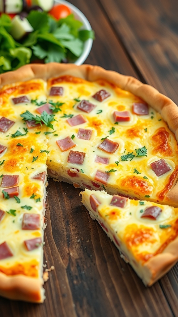 A slice of ham and goat cheese quiche on a plate, garnished with herbs, on a wooden table with a side salad.